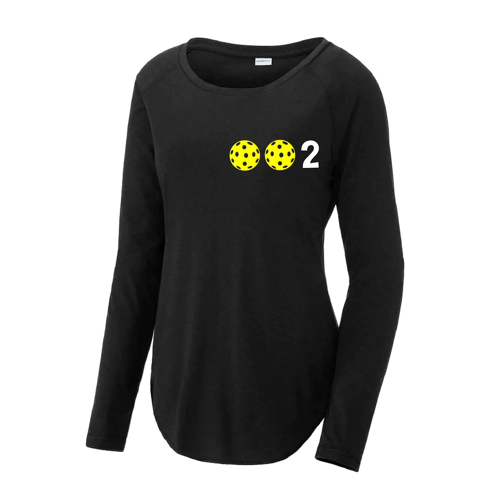 002 With Pickleballs (Colors Yellow Green White Pink Purple) Customizable | Women's Long Sleeve Scoop Neck Pickleball Shirts | 75/13/12 poly/cotton/rayon