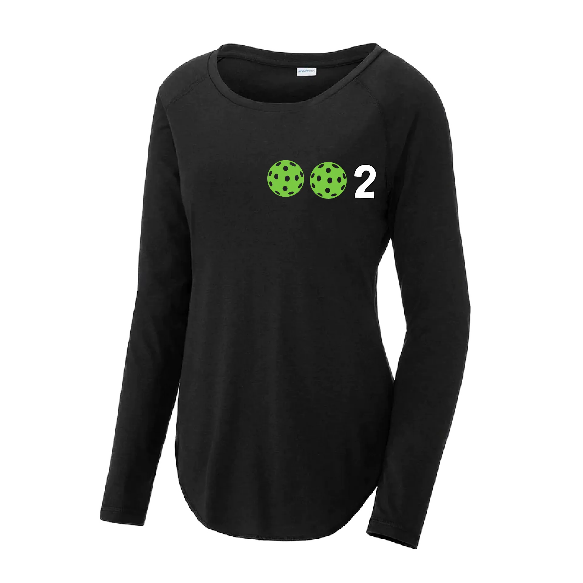 002 With Pickleballs (Colors Yellow Green White Pink Purple) Customizable | Women's Long Sleeve Scoop Neck Pickleball Shirts | 75/13/12 poly/cotton/rayon