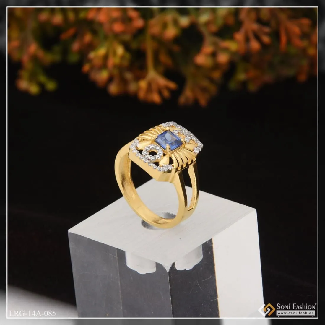 1 Gram Gold Plated Blue Stone With Diamond New Style Ring For Ladies - Style Lrg-085