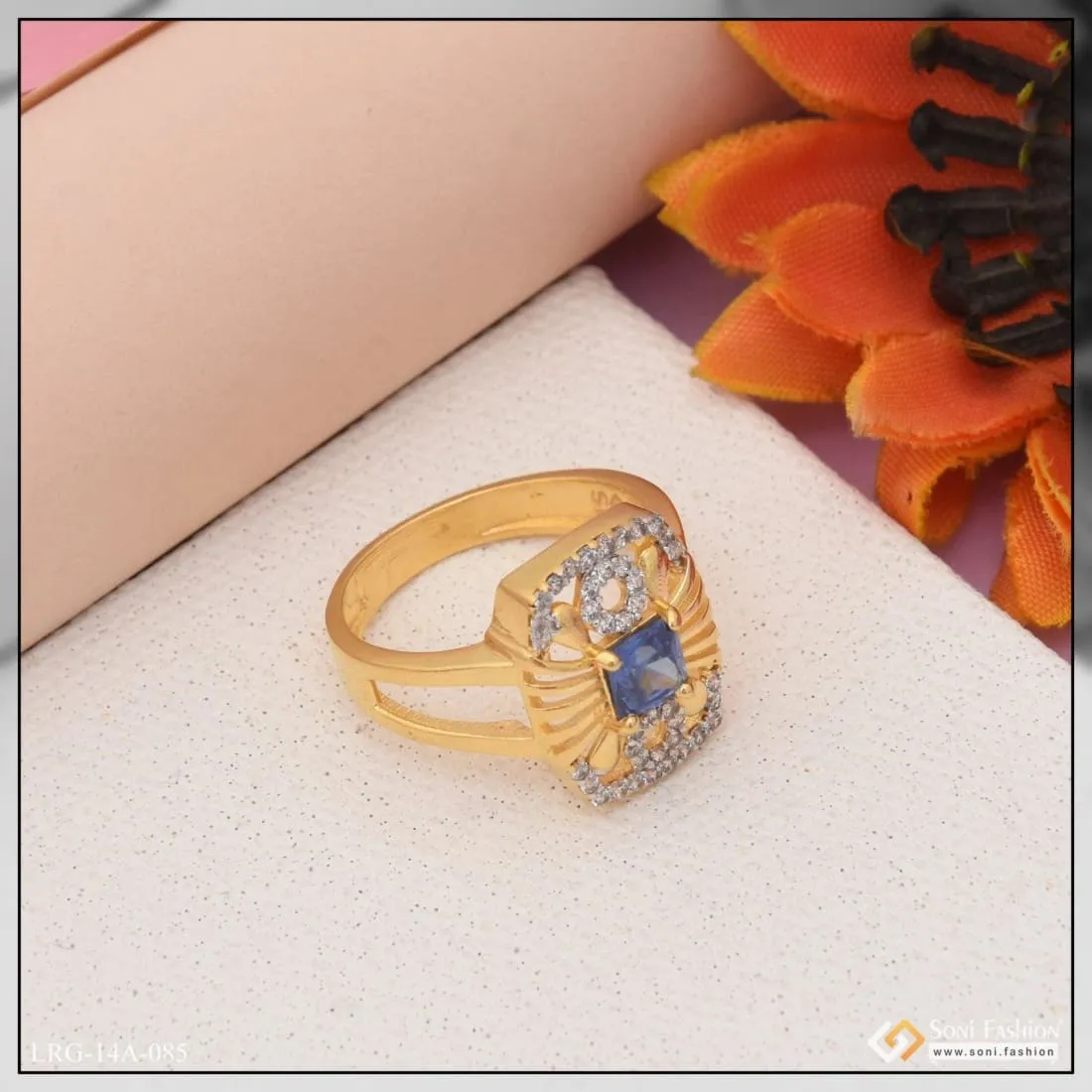 1 Gram Gold Plated Blue Stone With Diamond New Style Ring For Ladies - Style Lrg-085