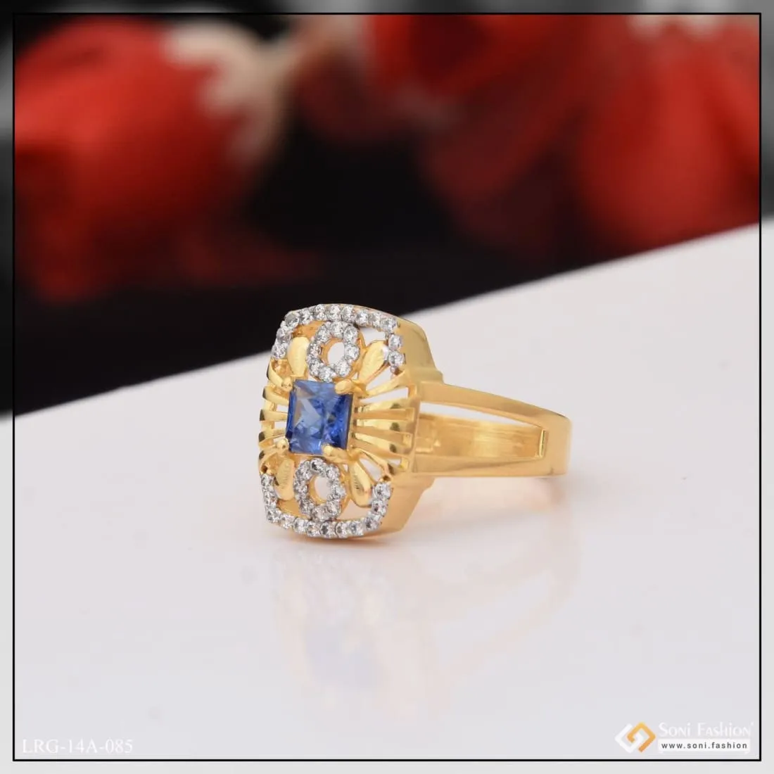 1 Gram Gold Plated Blue Stone With Diamond New Style Ring For Ladies - Style Lrg-085