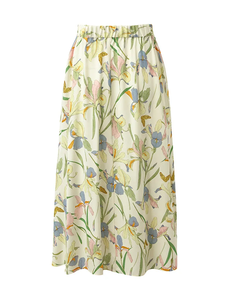 19 Momme Mulberry Silk Iris Printed Women Half Skirt