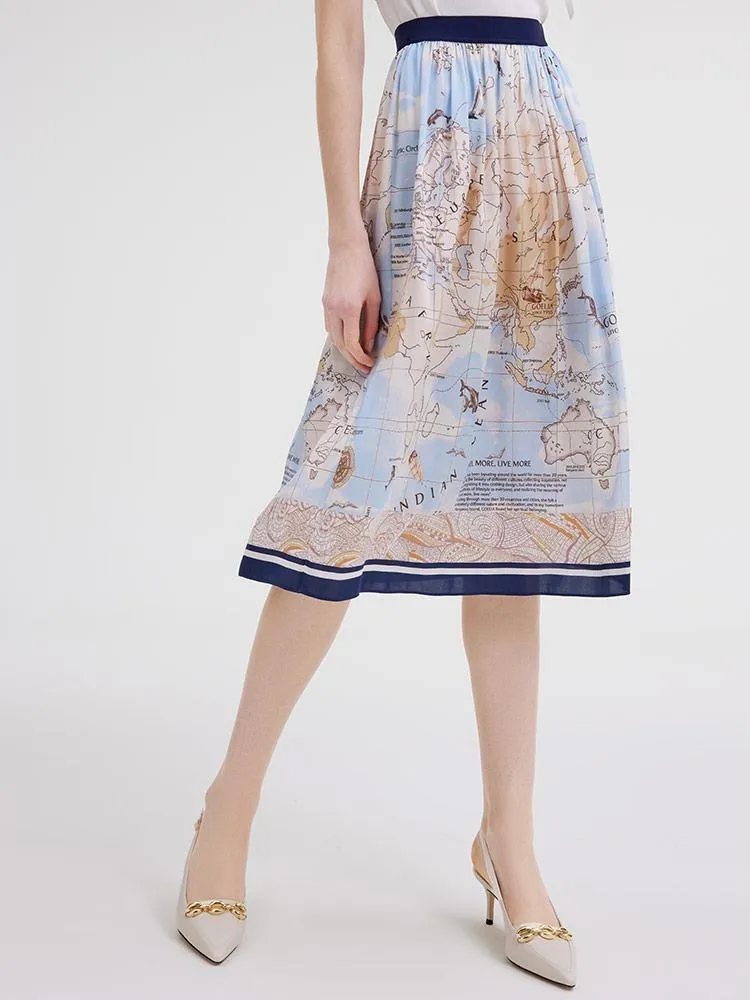 19 Momme Silk Map Printed Women Skirt