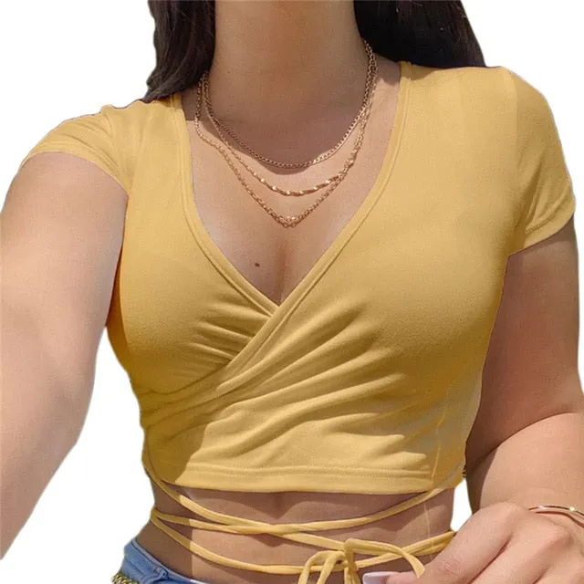 2020 Summer Solid V Neck T Shirts Women Short Sleeve Short Tops Crop Tops Ladies Casual Tops Tees Female Shirts White Pink