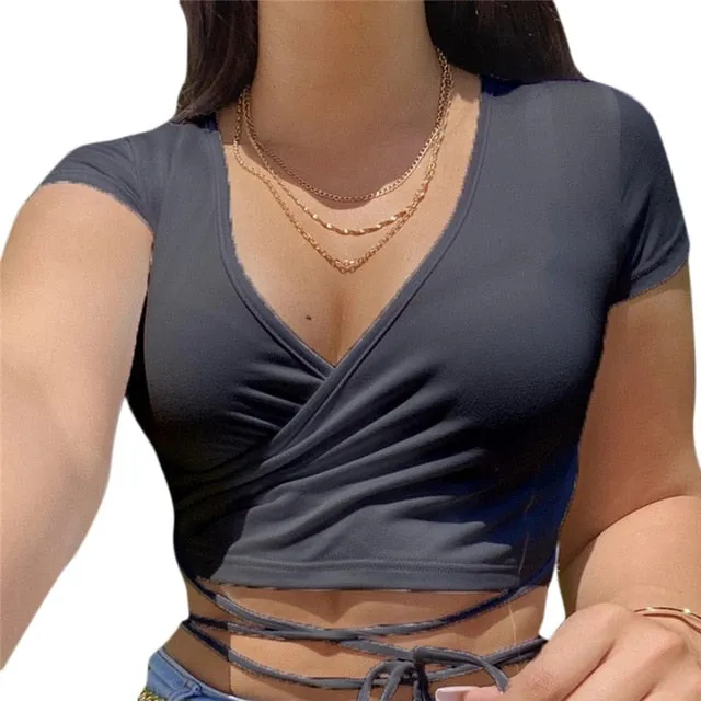 2020 Summer Solid V Neck T Shirts Women Short Sleeve Short Tops Crop Tops Ladies Casual Tops Tees Female Shirts White Pink