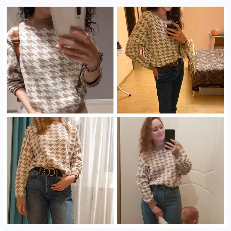 2022 Geometric Khaki Knitted Sweaters Women Casual Houndstooth Pullover Sweater Female Autumn Winter