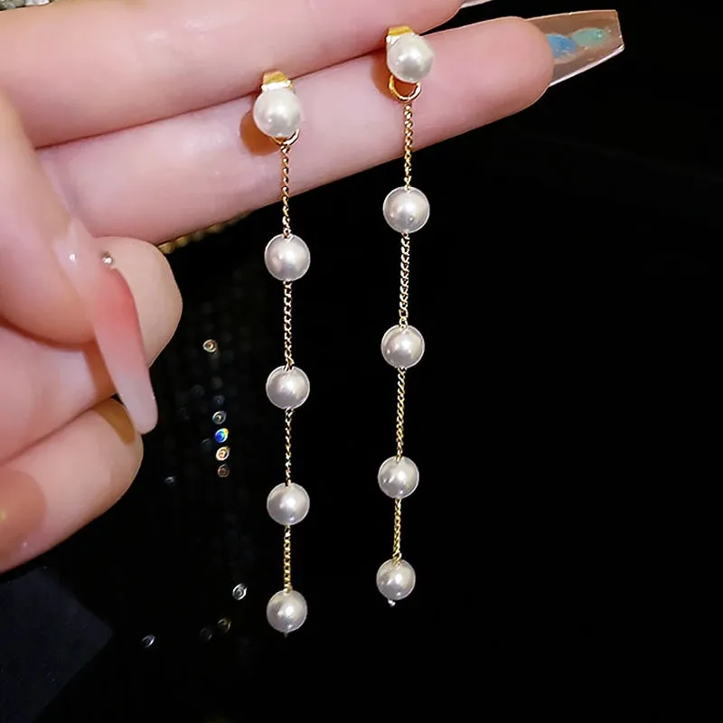 2024 New Fashion Korean Hanging Bowknot Pearl Earrings For Women Elegant Crystal Flower Long Tassel Drop Earring Ladies Jewelry