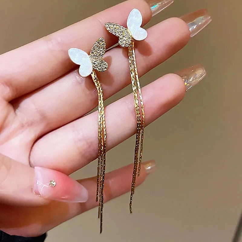 2024 New Fashion Korean Hanging Bowknot Pearl Earrings For Women Elegant Crystal Flower Long Tassel Drop Earring Ladies Jewelry