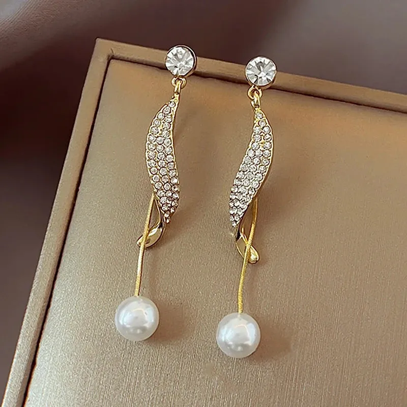 2024 New Fashion Korean Hanging Bowknot Pearl Earrings For Women Elegant Crystal Flower Long Tassel Drop Earring Ladies Jewelry