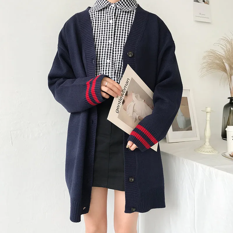 4 colors 2017 autumn preppy style color block stripe medium-long sweater outerwear cardigans womens (B0794)