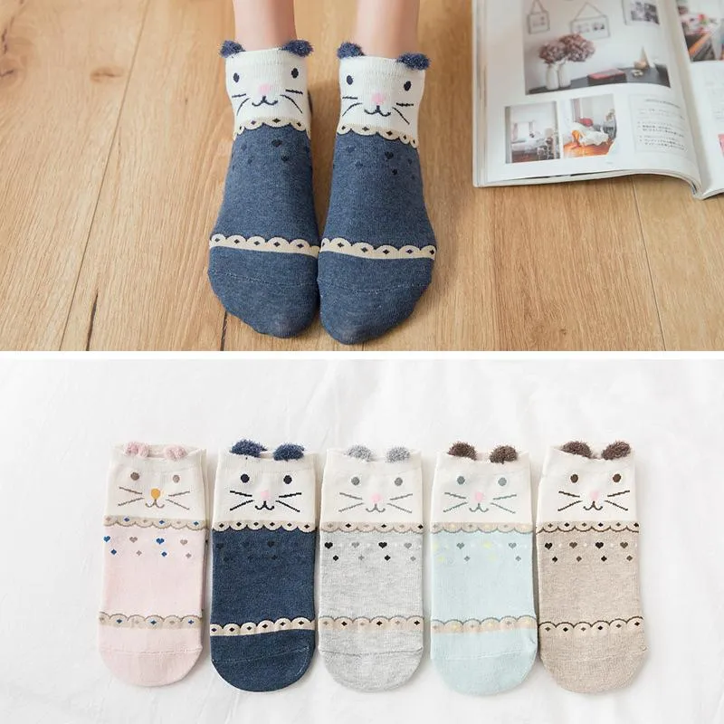 5 Pairs Cute Cat Animal Ear Short Casual Cotton Ankle Socks for Women