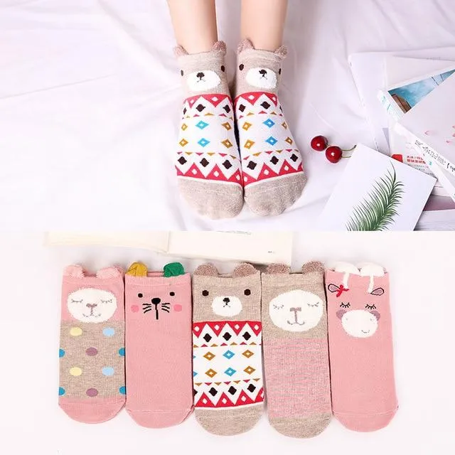 5 Pairs Cute Cat Animal Ear Short Casual Cotton Ankle Socks for Women