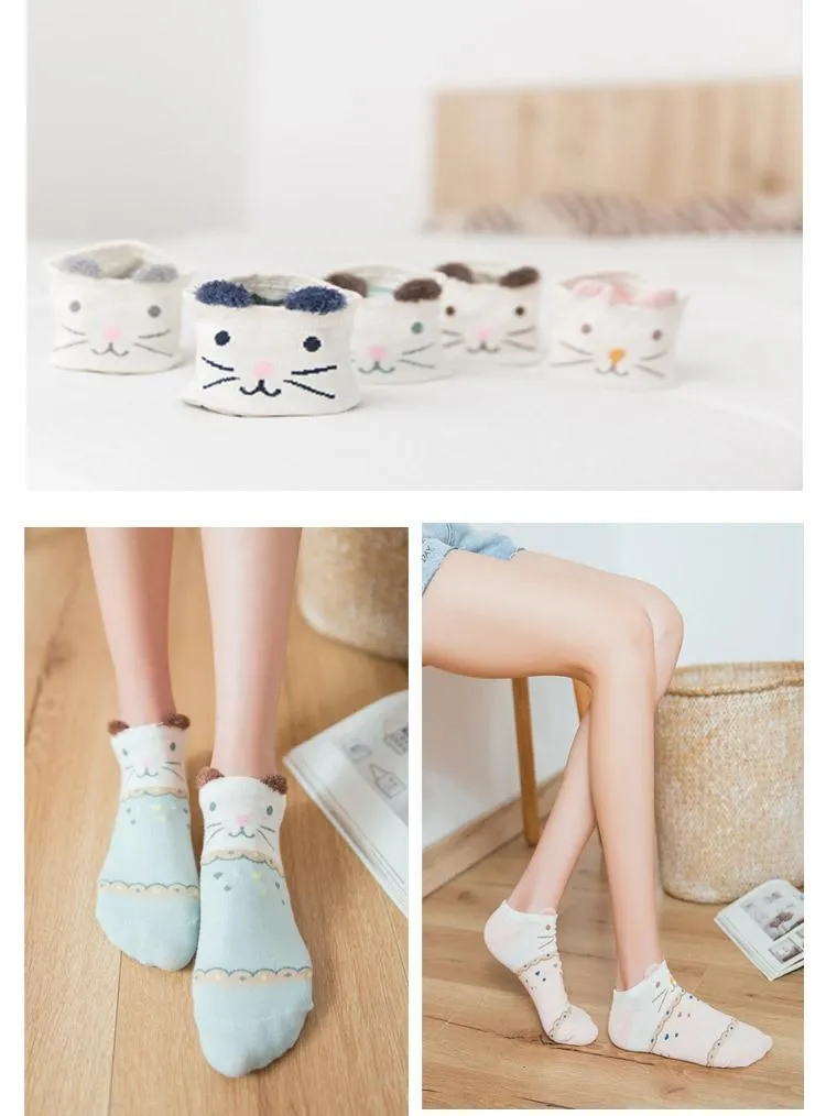 5 Pairs Cute Cat Animal Ear Short Casual Cotton Ankle Socks for Women