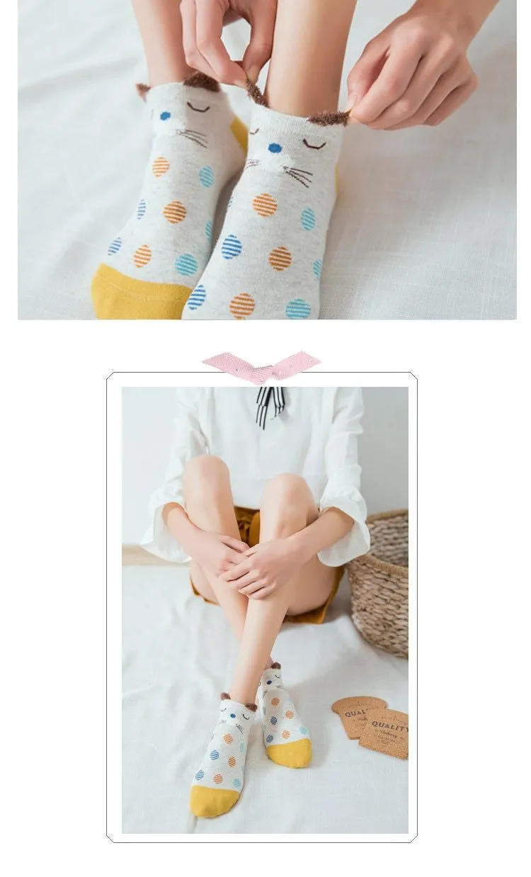 5 Pairs Cute Cat Animal Ear Short Casual Cotton Ankle Socks for Women