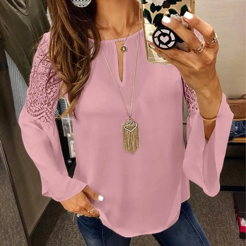 5XL Women Blouses Chiffon Lace Patchwork Flare Sleeve Blusas Work Shirts