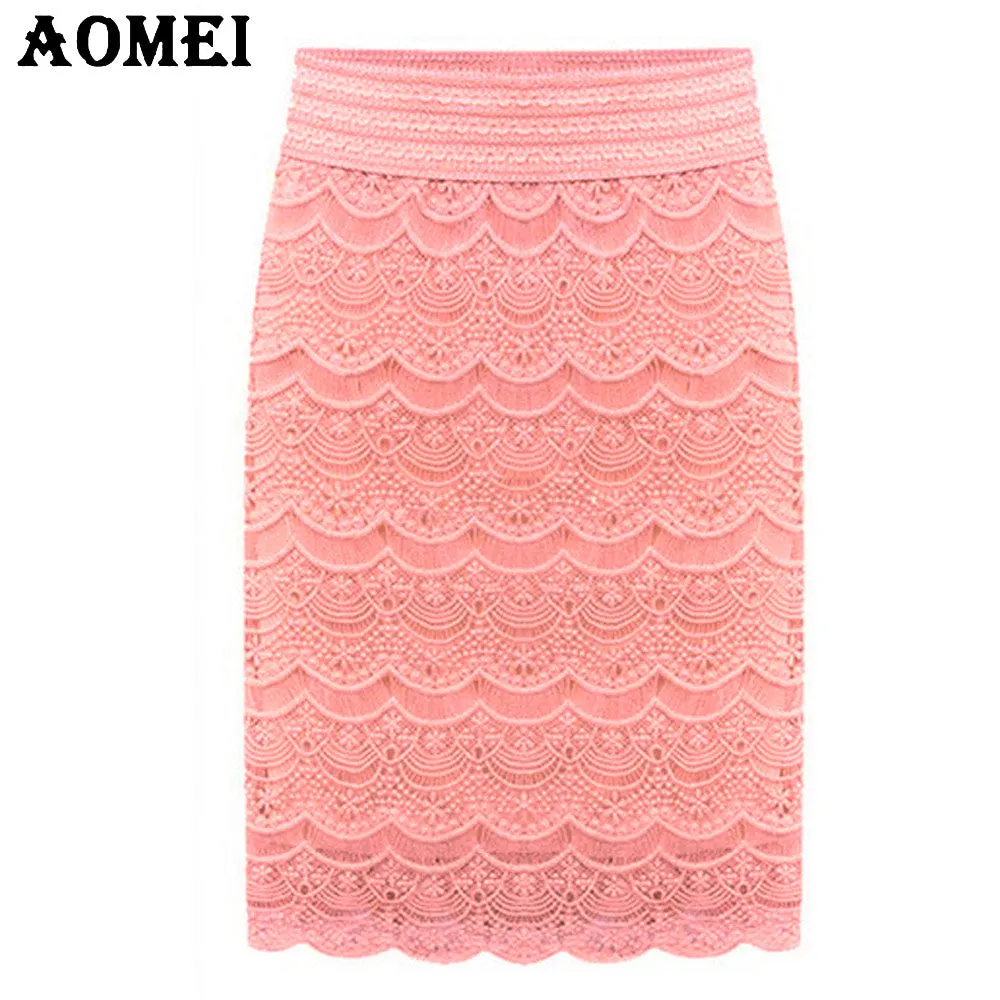 5XL  XXL Women Lace High Waist Skirts Beige Knee Length brief Office ladies faldas Praia bottoms Grunge Skort 2018 Spring Summer