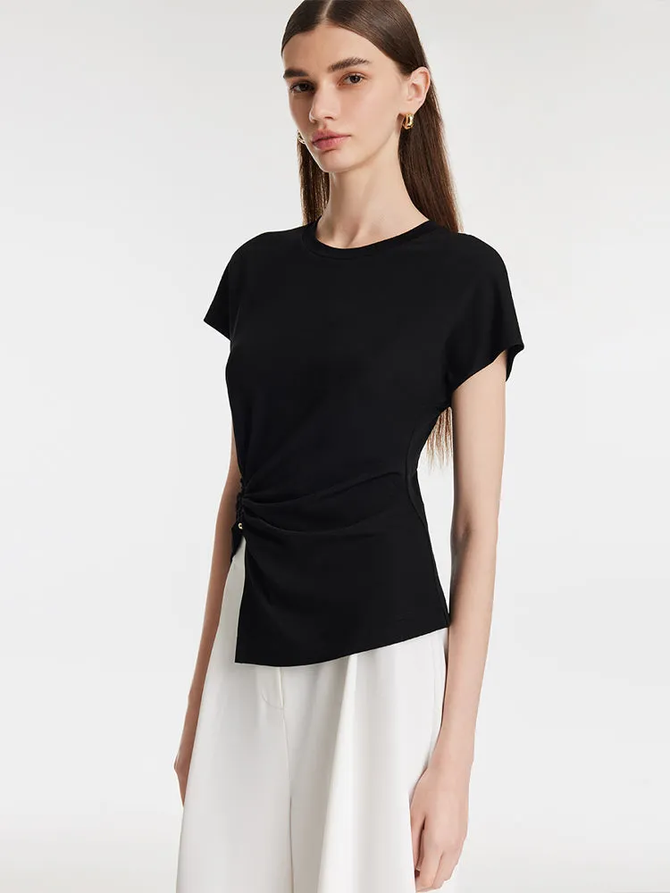 Acetate Waist Twist Asymmetric Hem Women Knit Top