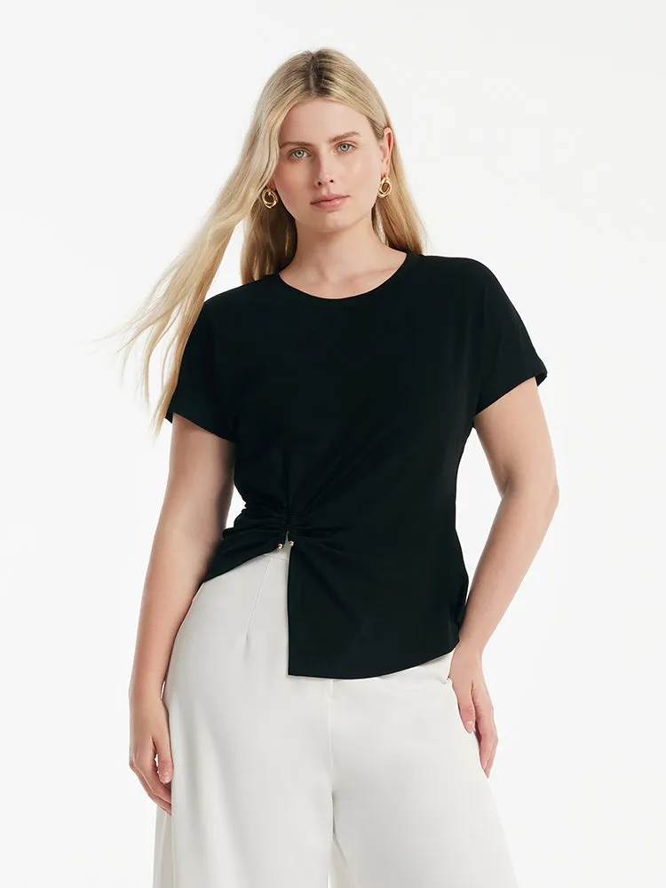 Acetate Waist Twist Asymmetric Hem Women Knit Top