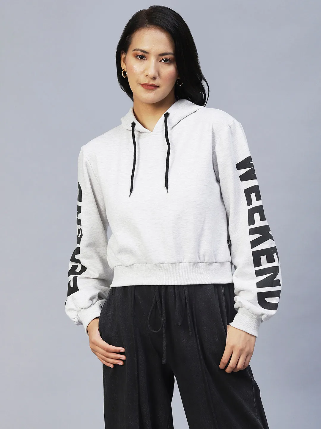 Acro Melange Hooded Printed Sleeves Fleece Sweatshirt