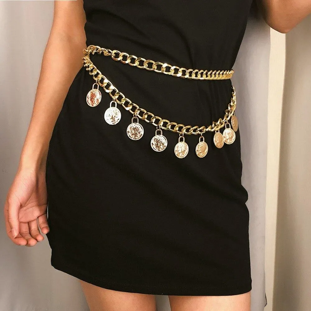 All-match Retro Women's Long Tassels Metal Chain Coin Pendant Waistband