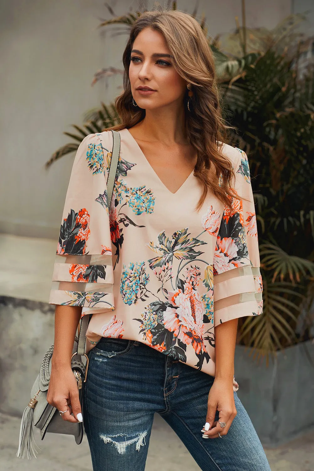 Apricot 3/4 Flared Sleeve Floral Chiffon Blouse