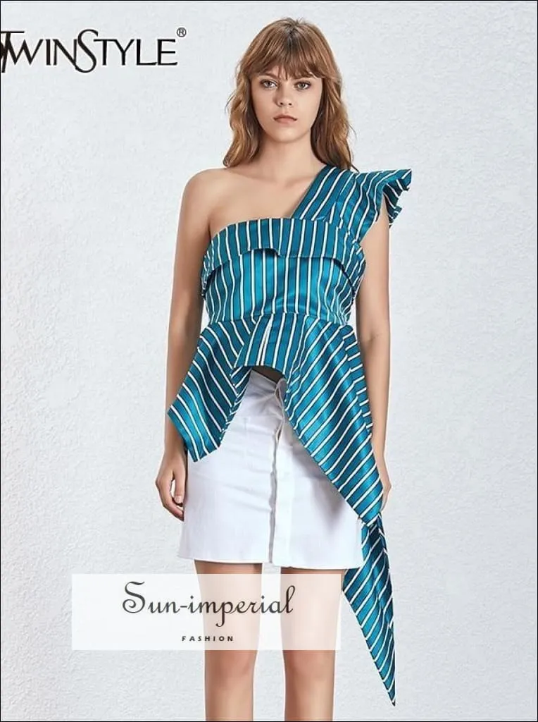 Ariana top - Green Striped Asymmetrical One Shoulder Women Ruffles Blouse High Waist Slim Cut