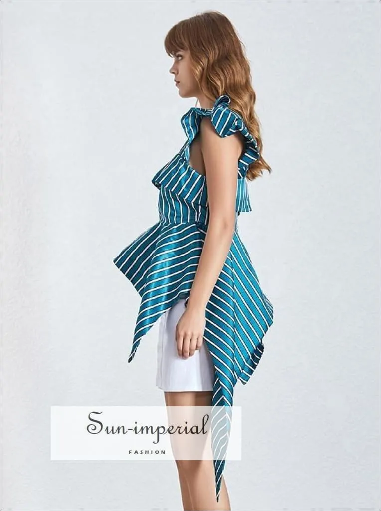 Ariana top - Green Striped Asymmetrical One Shoulder Women Ruffles Blouse High Waist Slim Cut