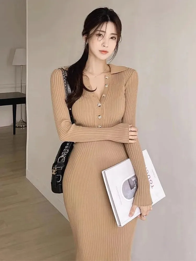 Autumn Knit Knitted Korean Vintage Bodycon Wrap Long Dress Women Kpop Elegant Long Sleeve Party Dresses