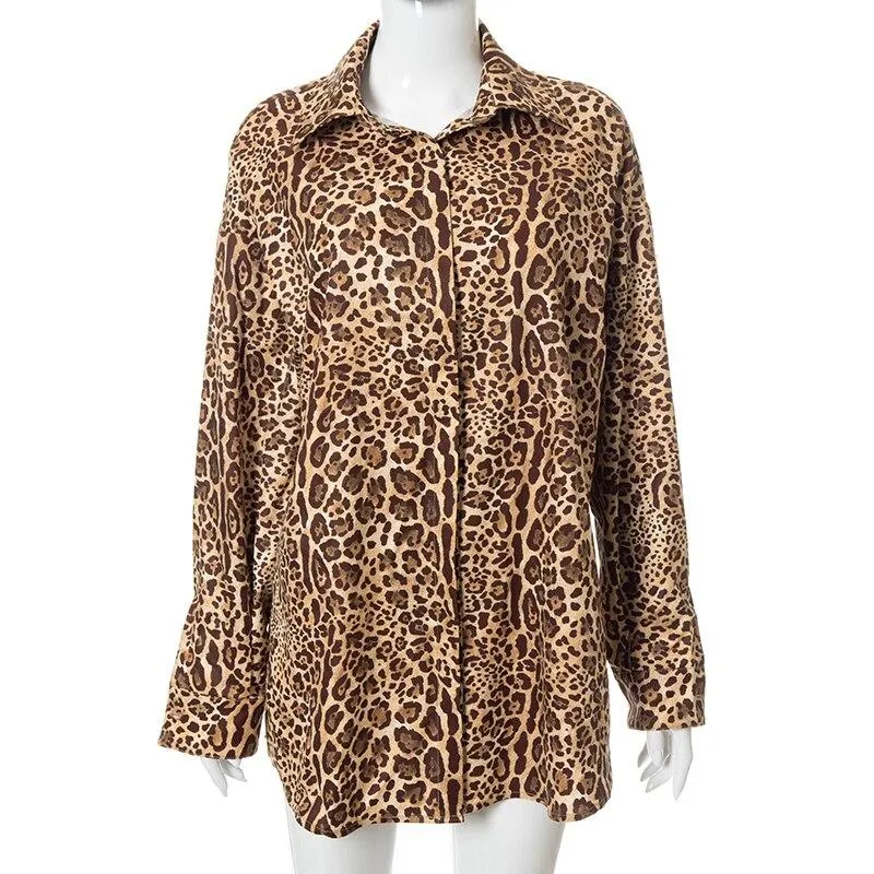 Autumn Women's Leopard Print Long Sleeves Button Oversized Shirt Top Blouse