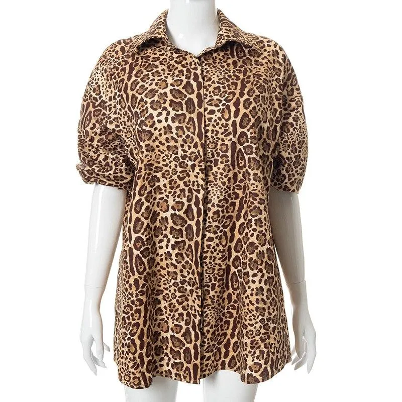 Autumn Women's Leopard Print Long Sleeves Button Oversized Shirt Top Blouse