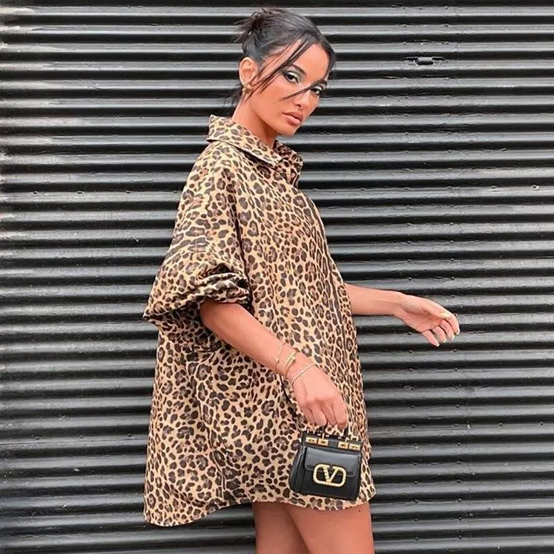 Autumn Women's Leopard Print Long Sleeves Button Oversized Shirt Top Blouse