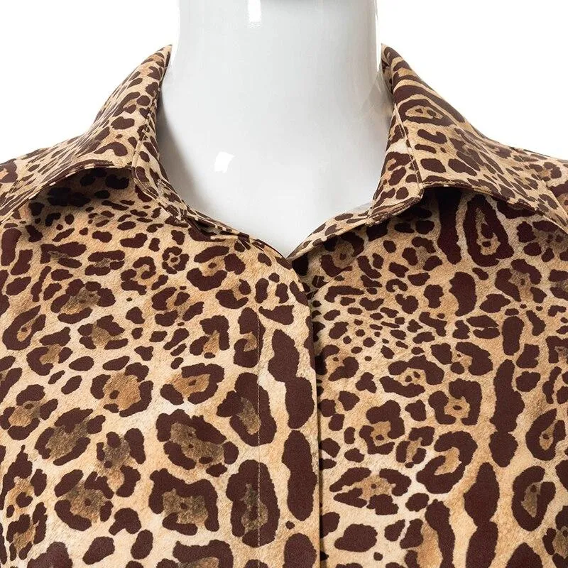 Autumn Women's Leopard Print Long Sleeves Button Oversized Shirt Top Blouse