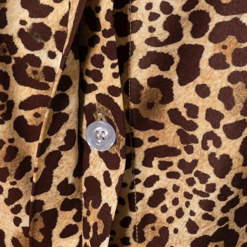 Autumn Women's Leopard Print Long Sleeves Button Oversized Shirt Top Blouse