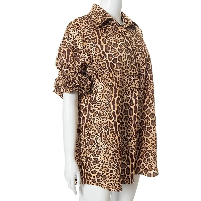 Autumn Women's Leopard Print Long Sleeves Button Oversized Shirt Top Blouse