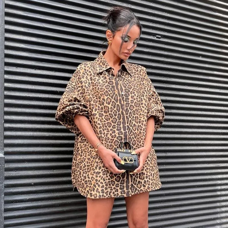 Autumn Women's Leopard Print Long Sleeves Button Oversized Shirt Top Blouse