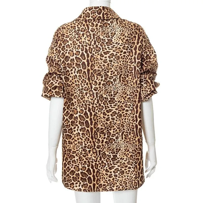 Autumn Women's Leopard Print Long Sleeves Button Oversized Shirt Top Blouse