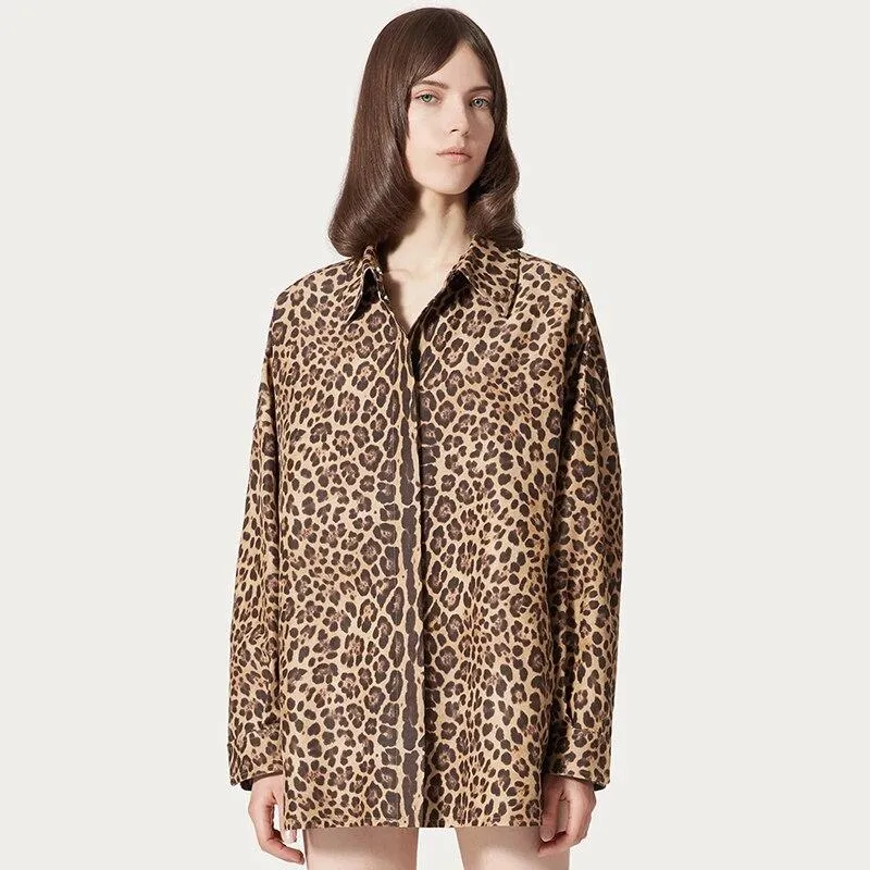 Autumn Women's Leopard Print Long Sleeves Button Oversized Shirt Top Blouse