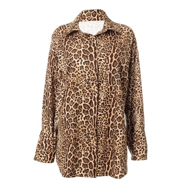 Autumn Women's Leopard Print Long Sleeves Button Oversized Shirt Top Blouse