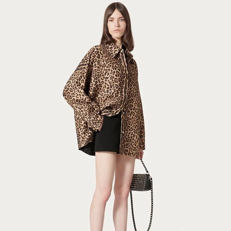 Autumn Women's Leopard Print Long Sleeves Button Oversized Shirt Top Blouse