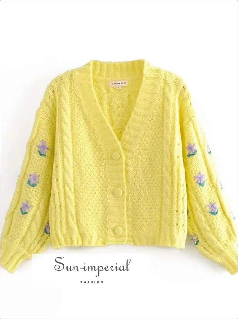 Autumn Yellow Cropped Long Sleeve Cardigan with Purple Embroidery detail Knitted Sweater