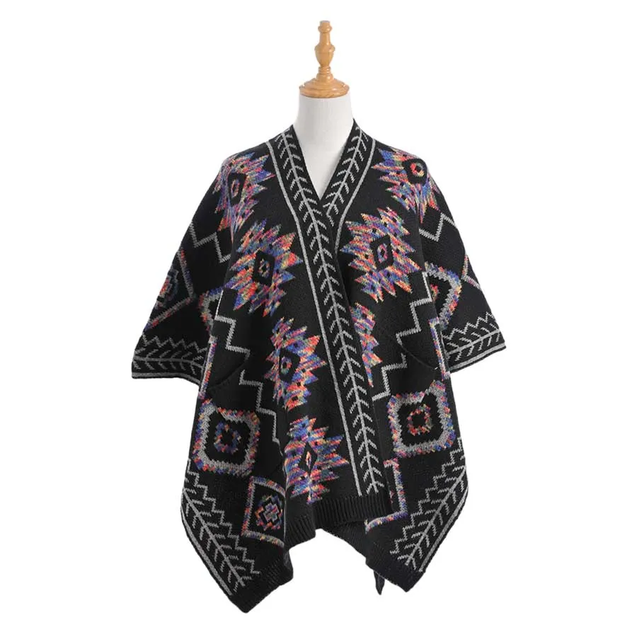 Beautiful Boho Patterned Front Pockets Poncho