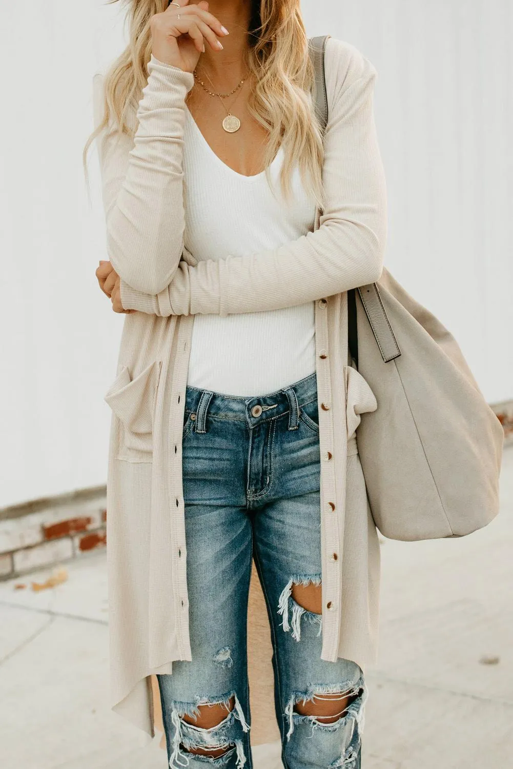 Beige Long Sleeves Button Down Cardigan