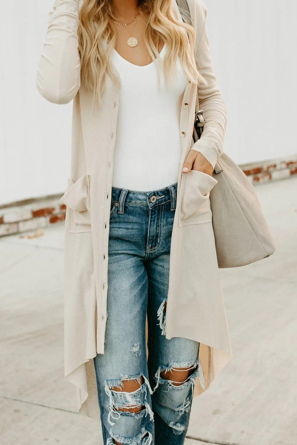 Beige Long Sleeves Button Down Cardigan