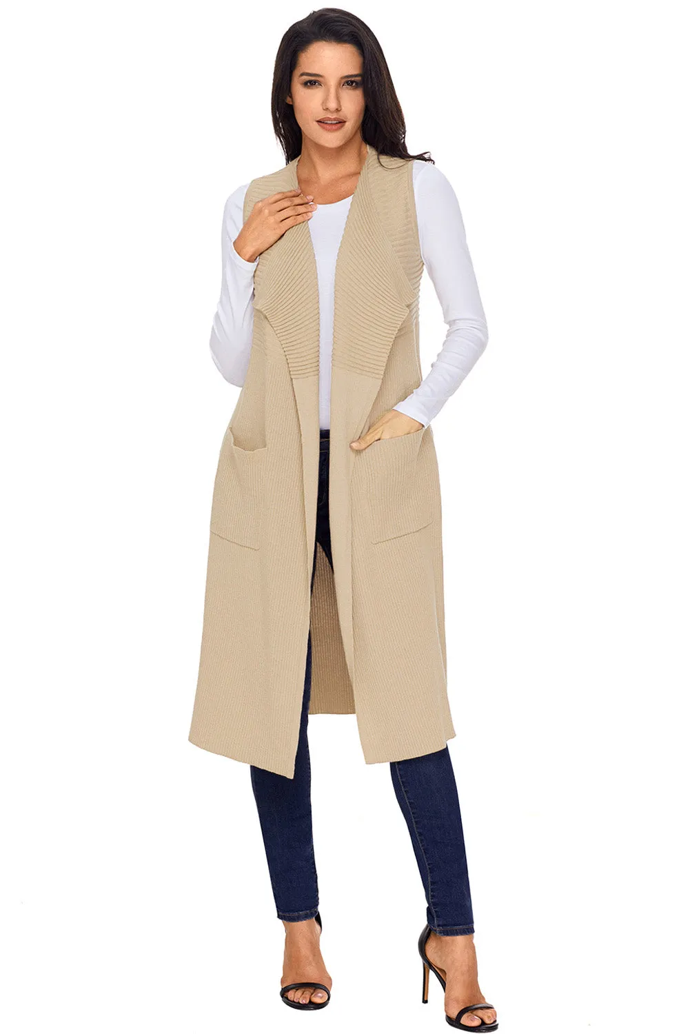 Beige Pocket Sleeveless Cardigan