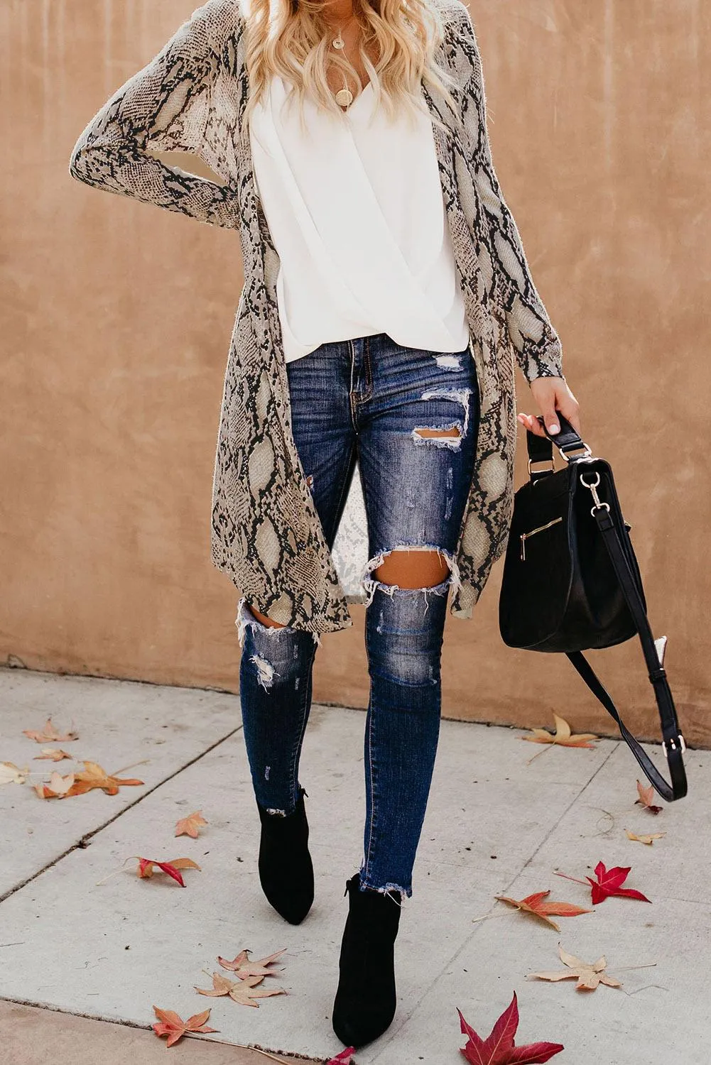 Beige Snake Print Long Sleeves Cardigan