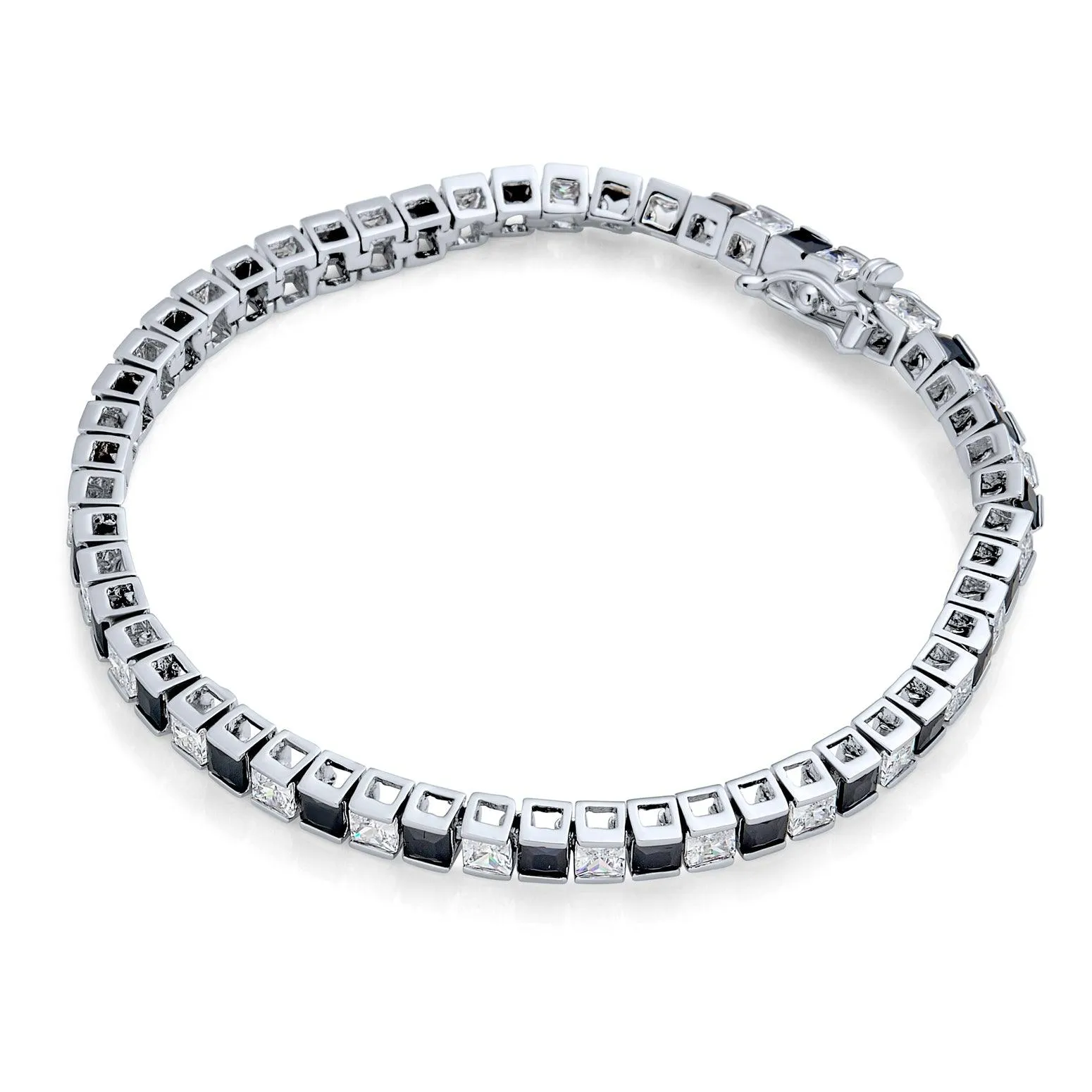 Black & White Square Princess Cut CZ Tennis Bracelet Silver Plated 7"