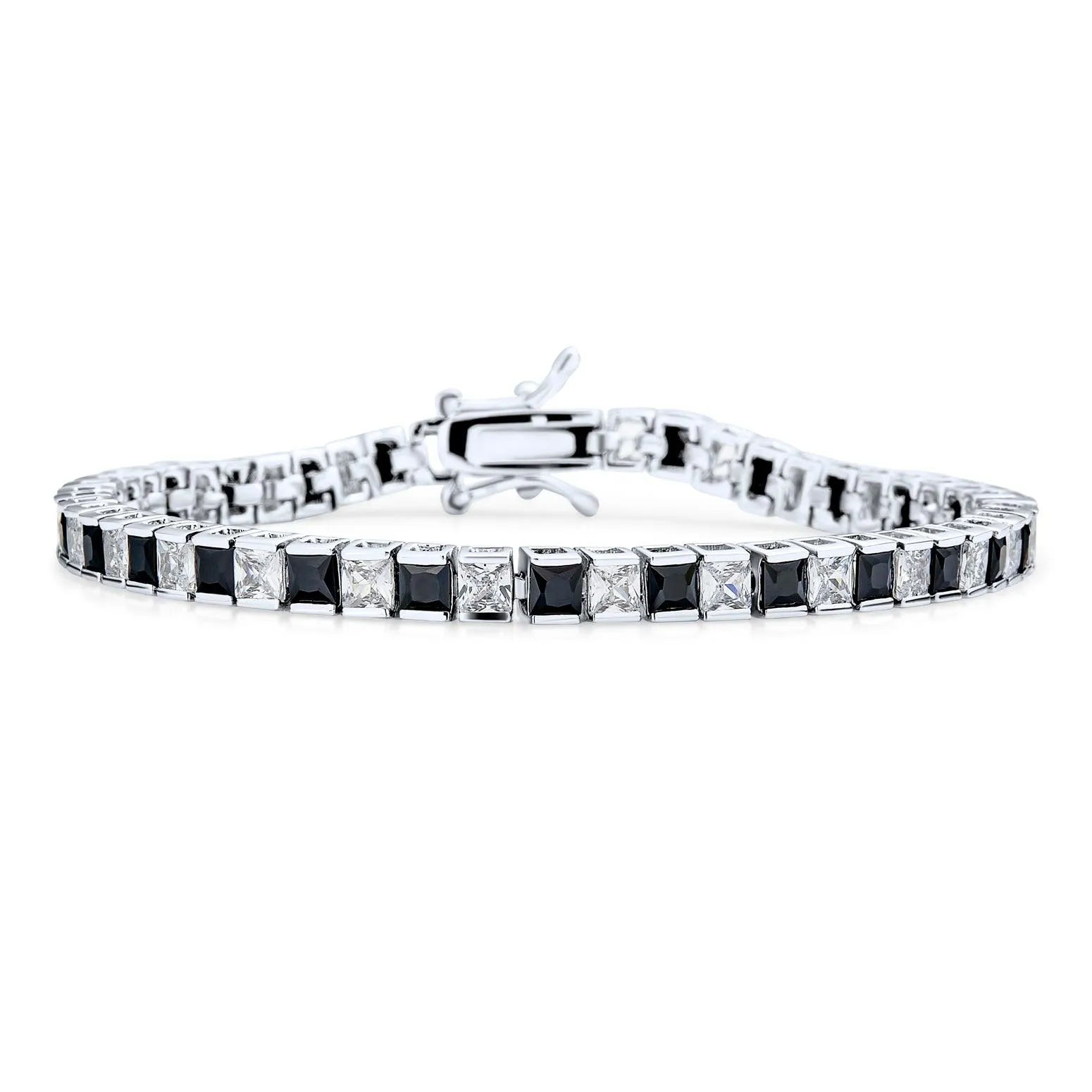 Black & White Square Princess Cut CZ Tennis Bracelet Silver Plated 7"