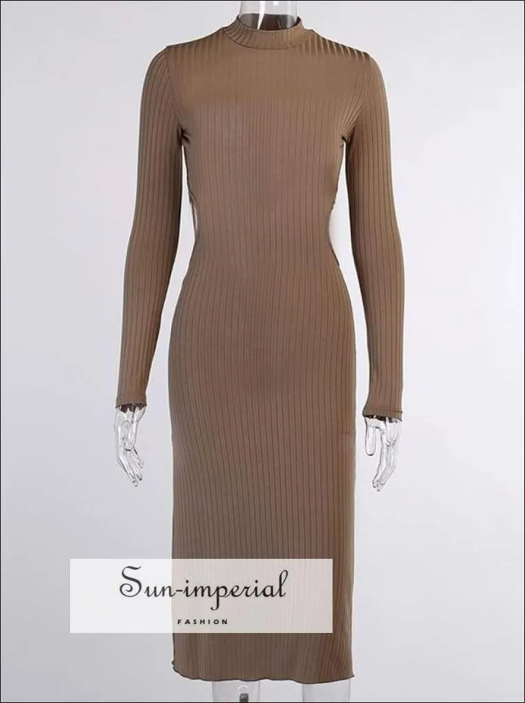 Black Backless Long Sleeve Ribbed Midi Dress with Mock Turtleneck Low back and Tie detail