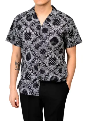 Black Bandana Open Collared Short Sleeve Casual Shirts Mens Cotton Top