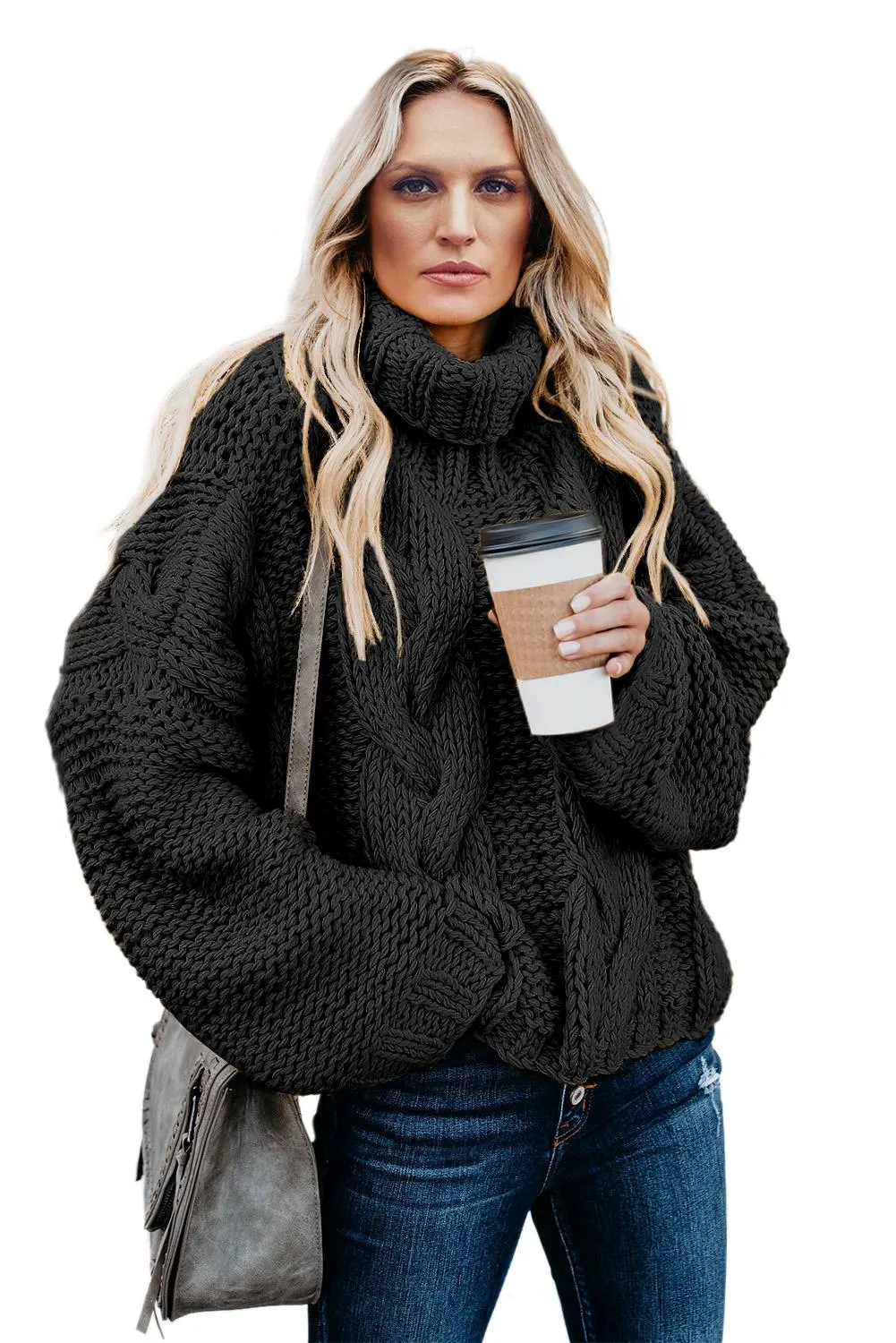 Black Cable Knit High Neck Long Sleeves Sweater